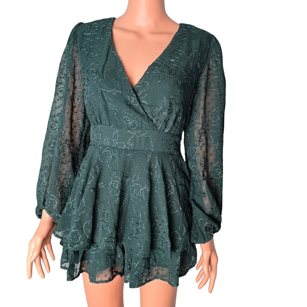 Altar'd State Almorah Romper‎ Hunter Green Floral Embroidered Ruffle Small NWT